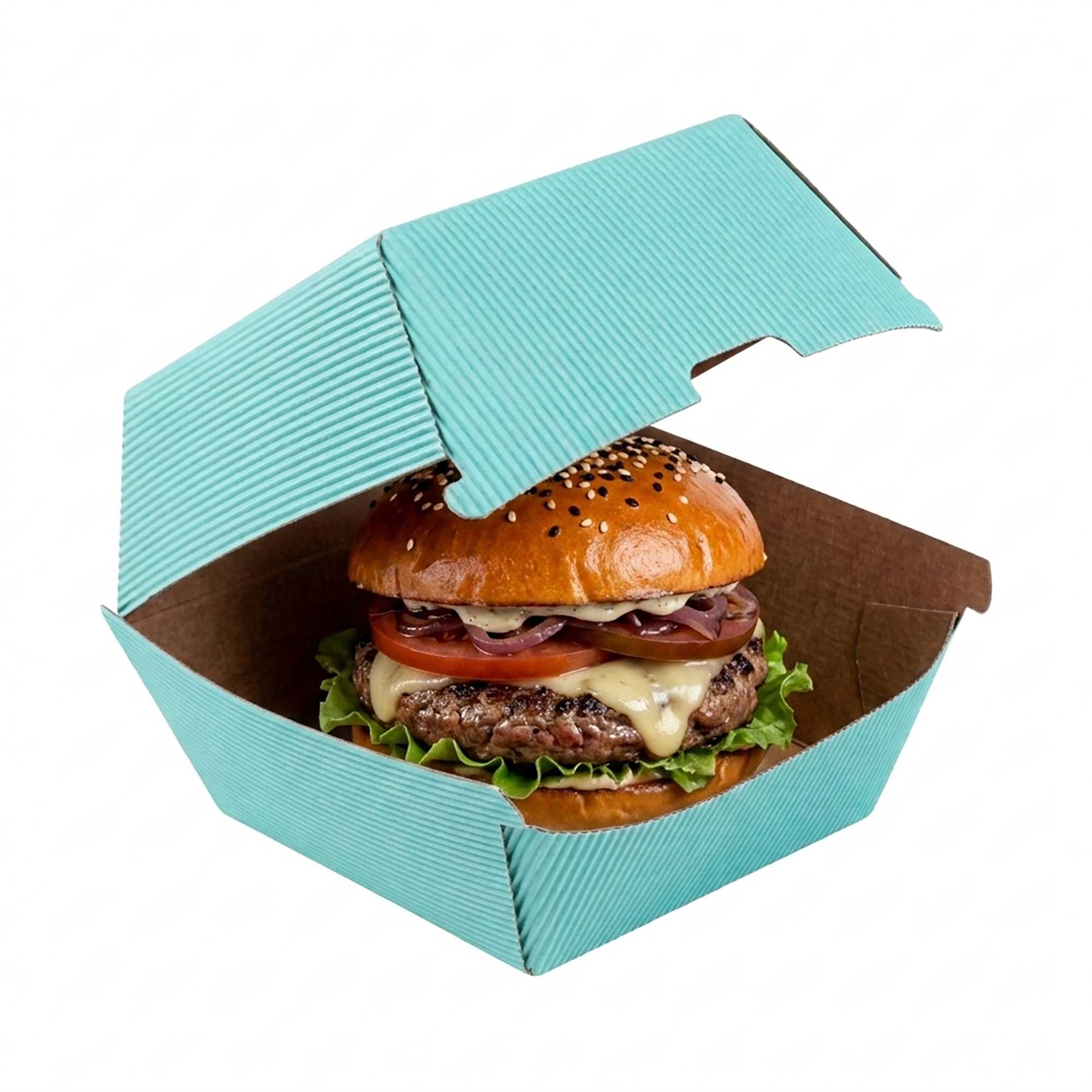 Bio Tek Turquoise Paper Burger Box - Ripple Wall - 4" x 4" x 3 3/4" - 100 count box