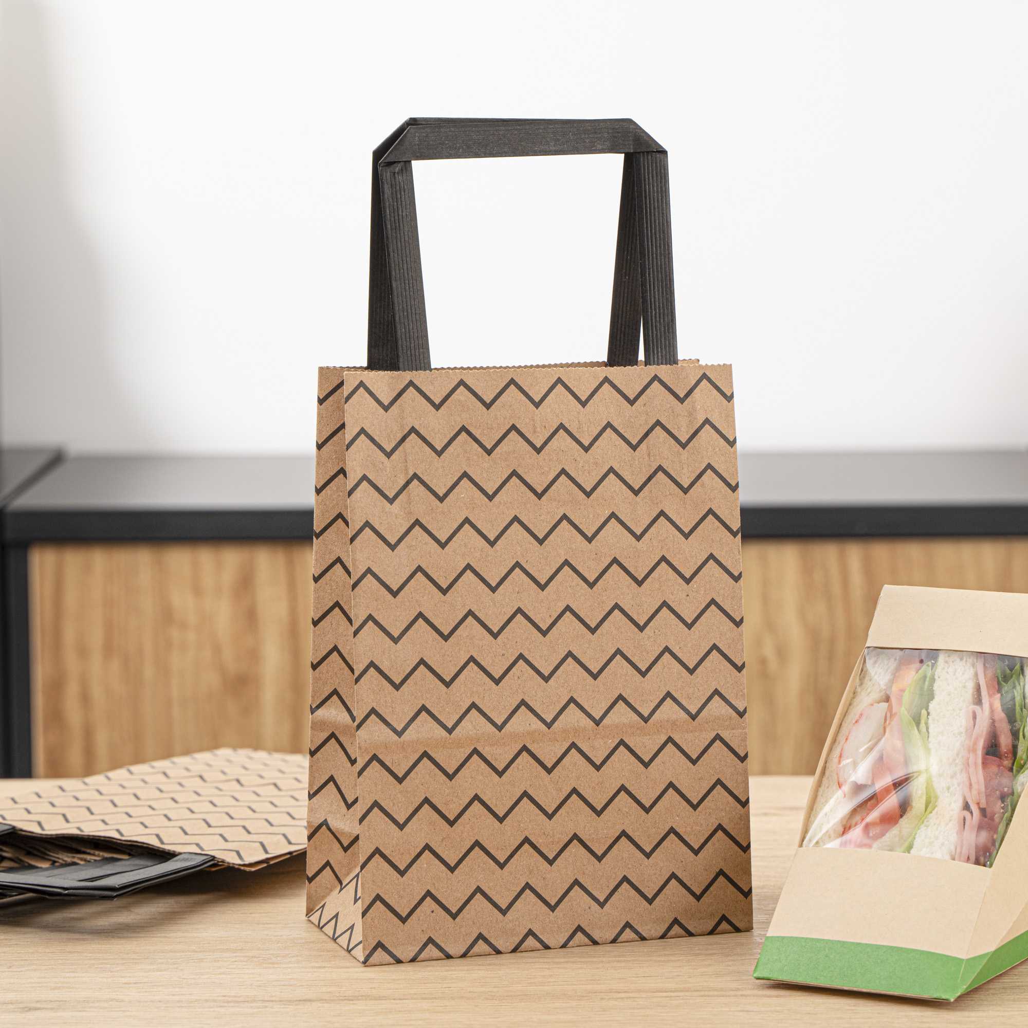 Saving Nature Kraft Paper Small Retail Bag - Black Zig Zag, with Handles - 6" x 3 1/4" x 8 1/4" - 100 count box