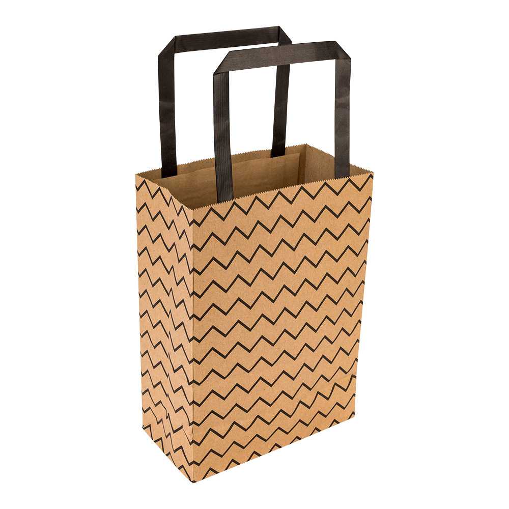 Saving Nature Kraft Paper Medium Retail Bag - Black Zig Zag, with Handles - 10" x 6 3/4" x 12" - 300 count box