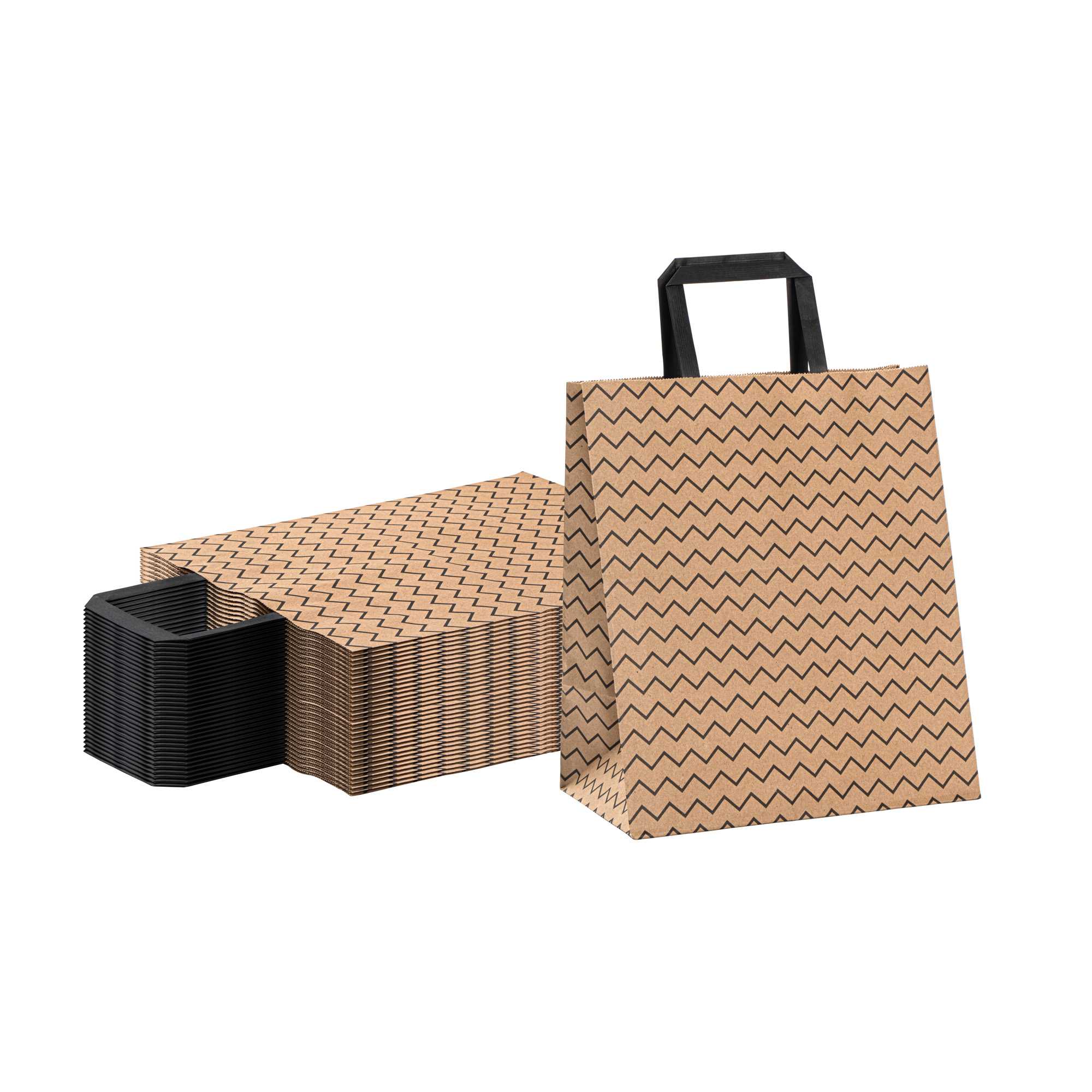 Saving Nature Kraft Paper Medium Retail Bag - Black Zig Zag, with Handles - 10" x 6 3/4" x 12" - 300 count box