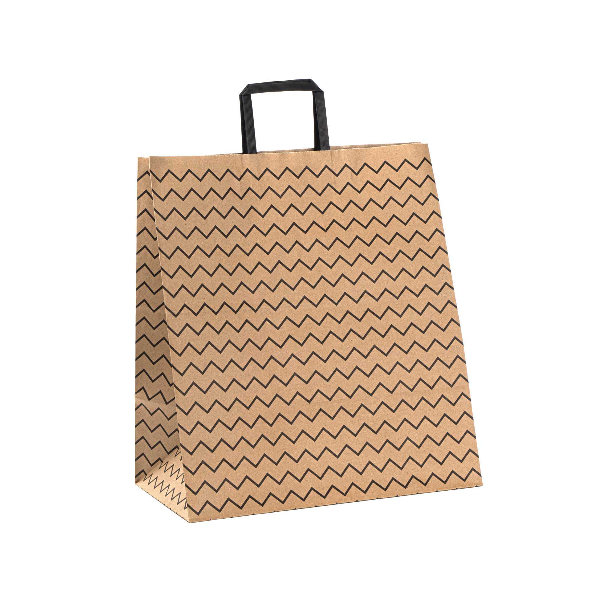 Saving Nature Kraft Paper Large Retail Bag - Black Zig Zag, with Handles - 16" x 9 3/4" x 17 1/4" - 100 count box