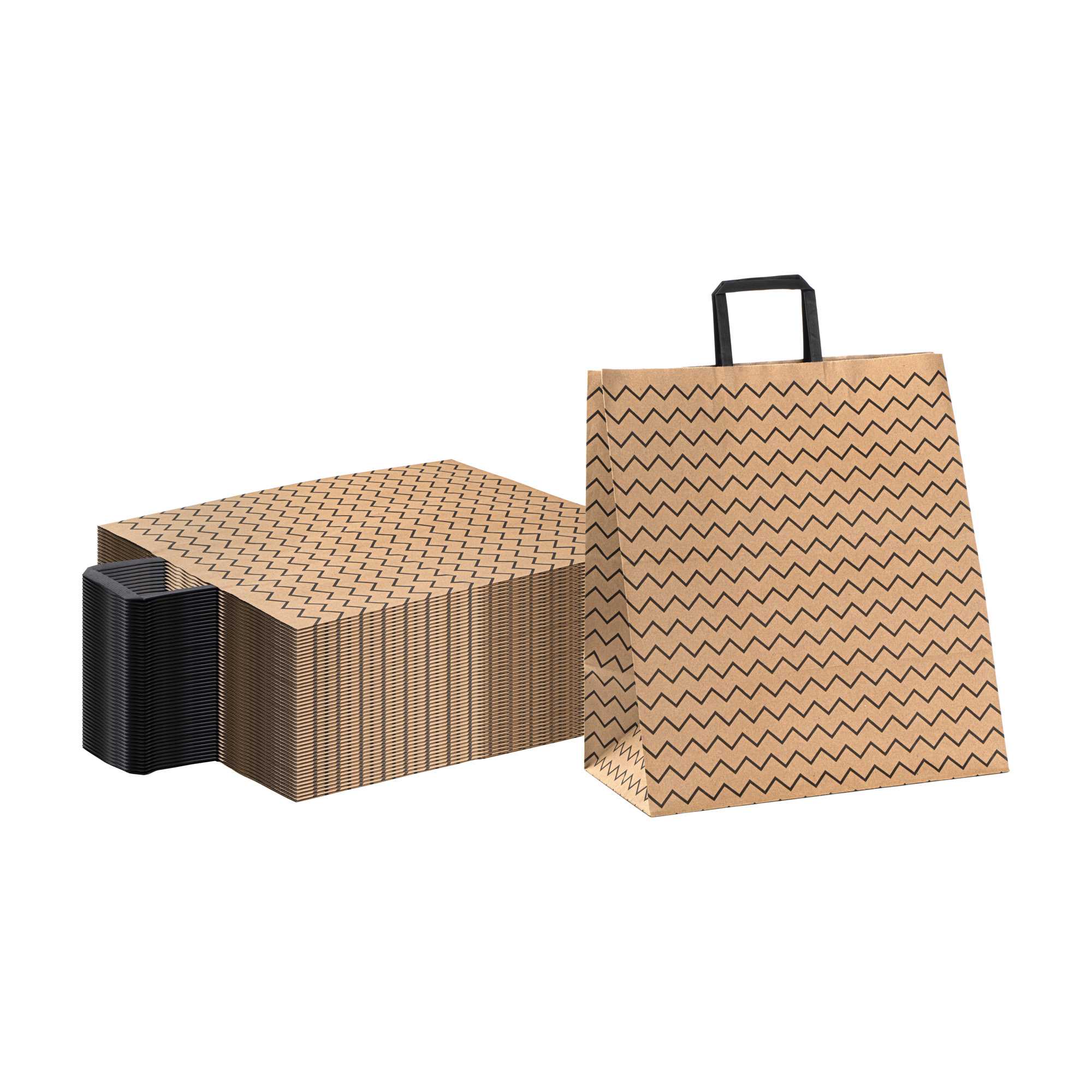 Saving Nature Kraft Paper Large Retail Bag - Black Zig Zag, with Handles - 16" x 9 3/4" x 17 1/4" - 100 count box