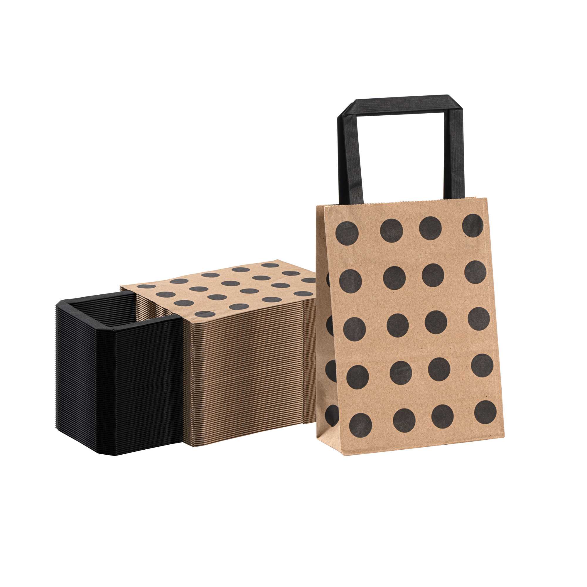Saving Nature Kraft Paper Small Retail Bag - Black Polka Dot, with Handles - 6" x 3 1/4" x 8 1/4" - 100 count box