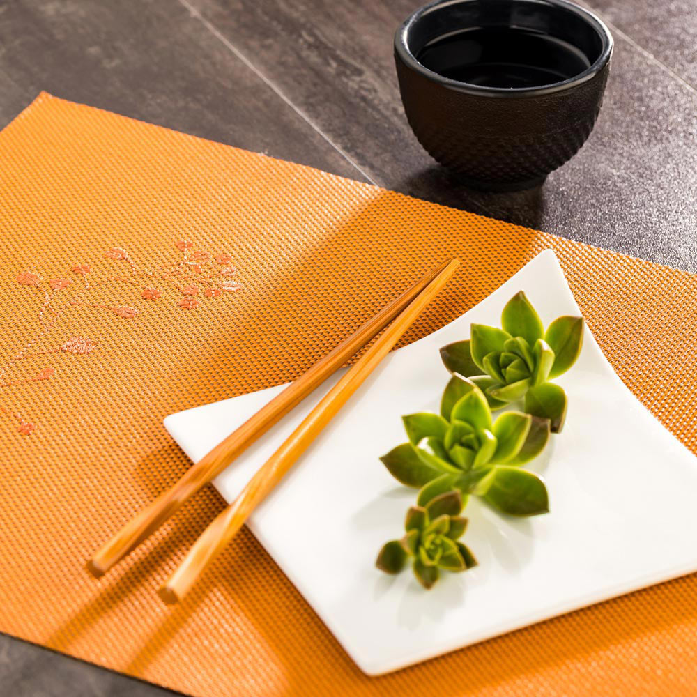 Carmel Mesh Autumn Orange Vinyl Woven Placemat - with Embroidered Blossoms - 16" x 12" - 6 count box