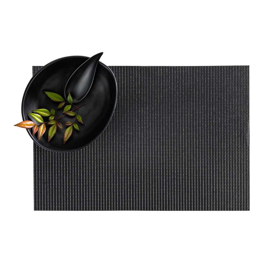 Amalfi Basketweave Silver Pinstripe Black Vinyl Woven Placemat - with Silver Threads - 16" x 12" - 120 count box