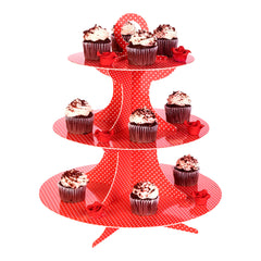 Pastry Tek Red Cardboard Cupcake Stand - 3 Tier, White Polka Dots - 13 1/2