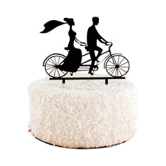 Top Cake Black Acrylic Silhouette Bride and Groom Cake Topper - Tandem Bike - 6 1/2