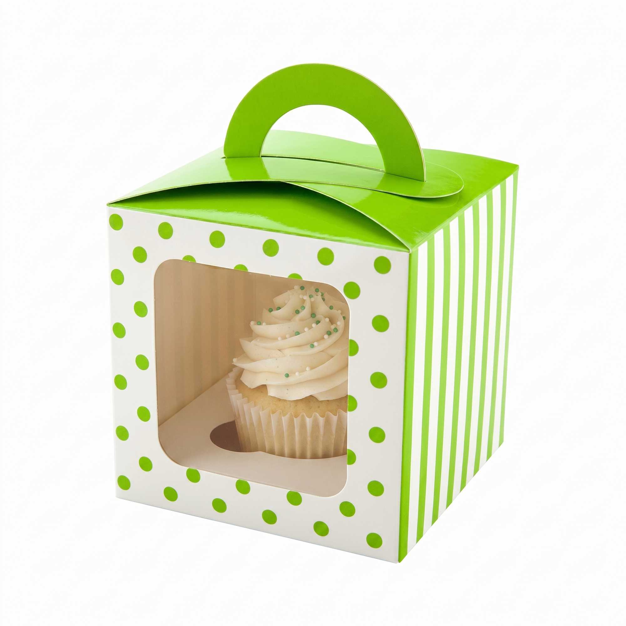 Pastry Tek Square Green Paper Cupcake Window Box - Polka Dot, Fits 1 - 4 1/2" x 4 1/2" x 4 1/2" - 100 count box