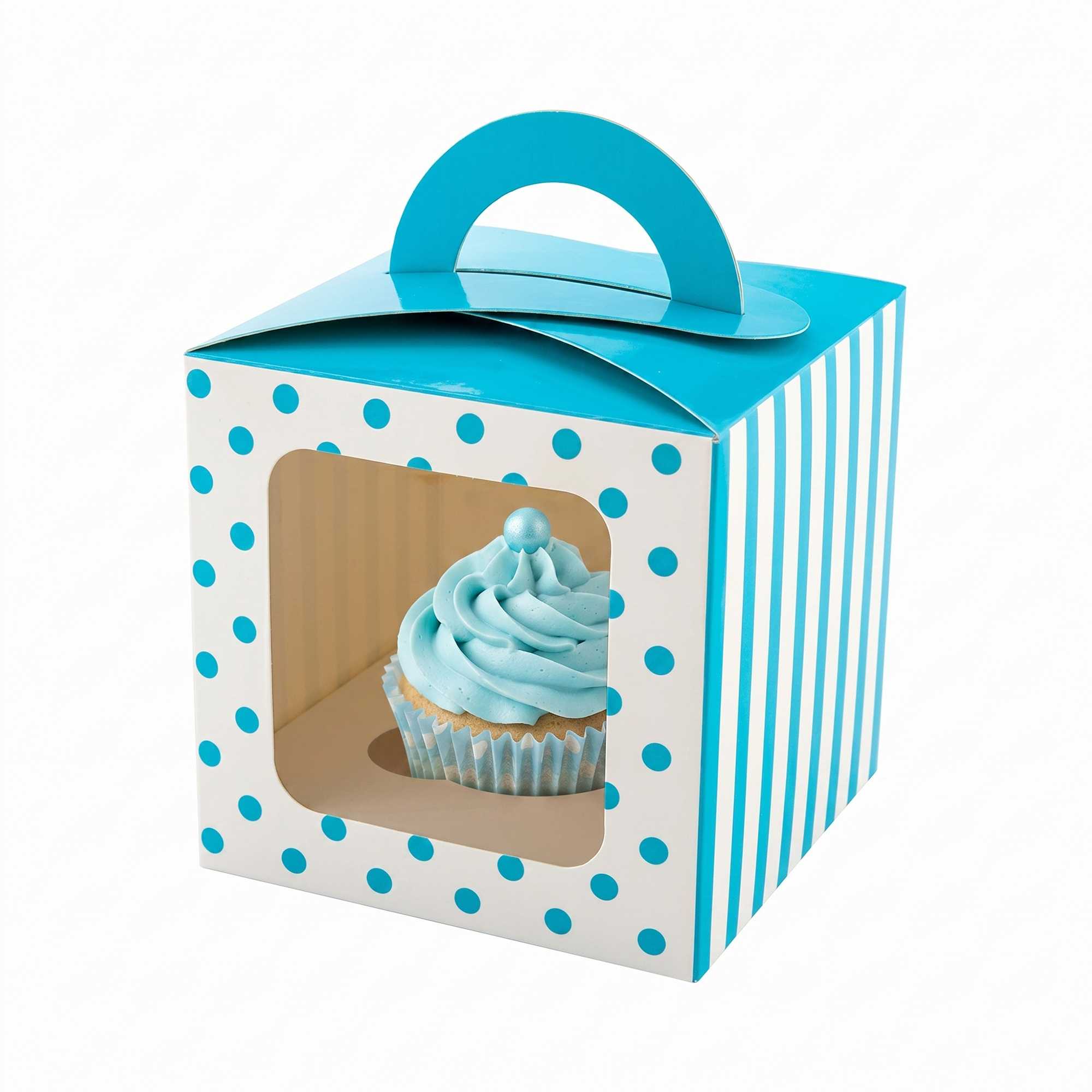 Pastry Tek Square Teal Paper Cupcake Window Box - Polka Dots, Fits 1 - 4 1/2" x 4 1/2" x 4 1/2" - 100 count box