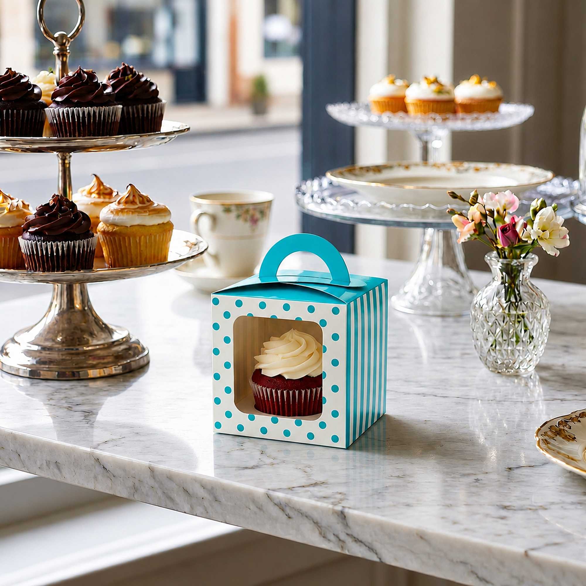 Pastry Tek Square Teal Paper Cupcake Window Box - Polka Dots, Fits 1 - 4 1/2" x 4 1/2" x 4 1/2" - 100 count box