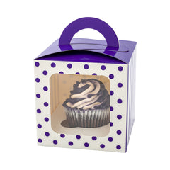 Pastry Tek Square Purple Paper Cupcake Window Box - Polka Dots, Fits 1 - 4 1/2