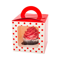 Pastry Tek Square Red Paper Cupcake Window Box - Polka Dots, Fits 1 - 4 1/2