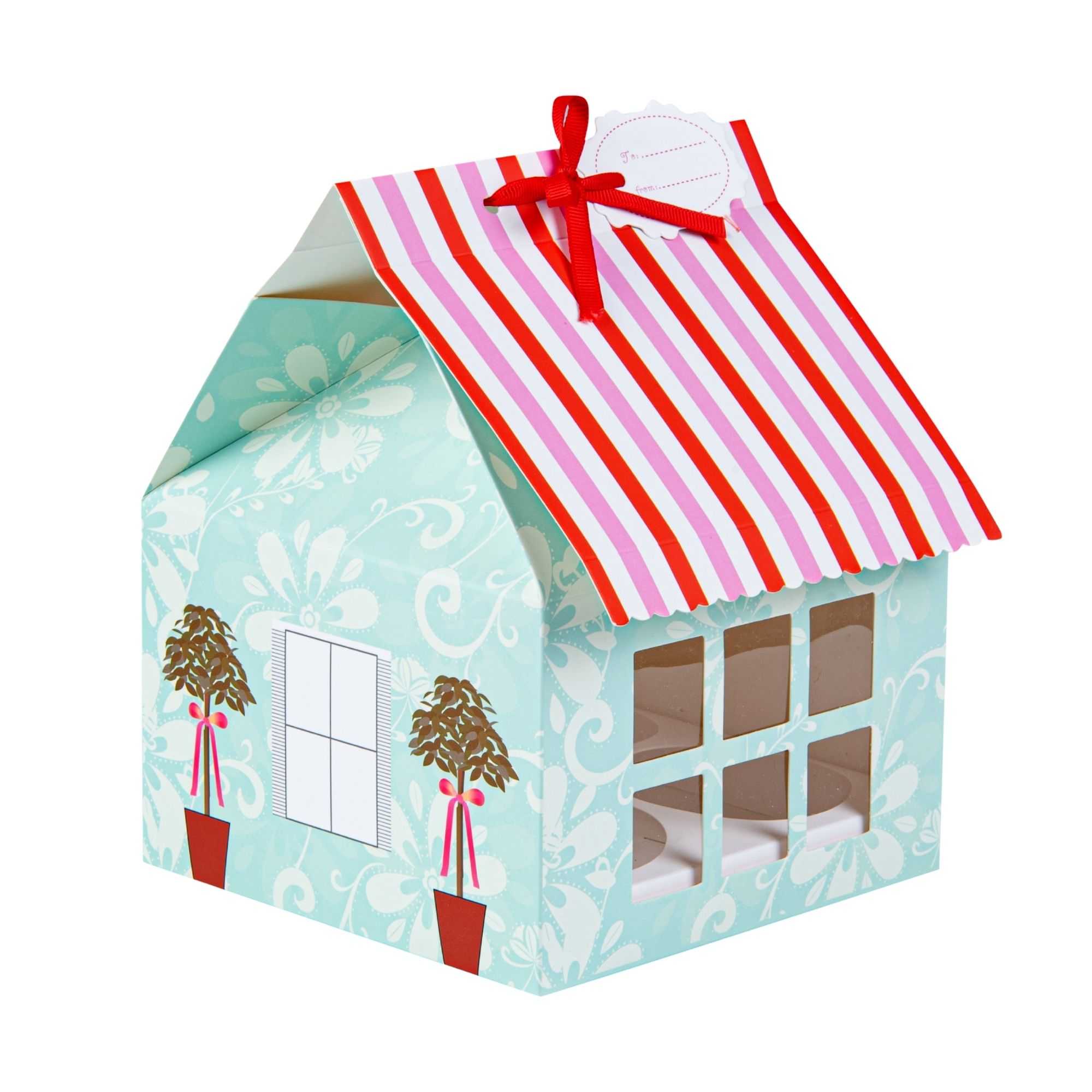 Pastry Tek Pink and Blue Paper Petite House Cupcake Window Gift Box - Fits 4 - 6" x 6" x 7 3/4" - 100 count box