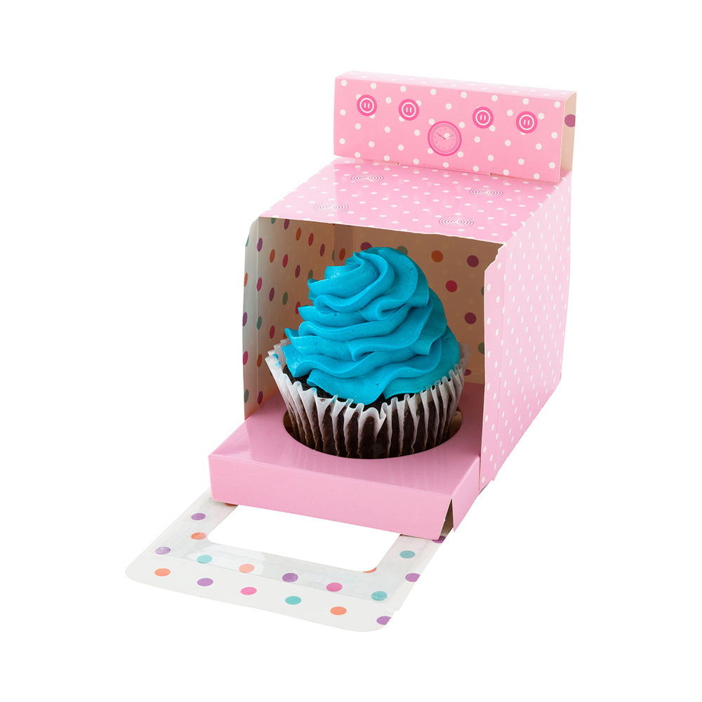 Pastry Tek Square Pink Paper Mini Oven Cupcake Window Box - Fits 1 - 3 1/2" x 3 1/2" x 3 1/2" - 100 count box