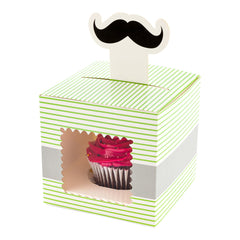 Pastry Tek Square Green Paper Moustache Cupcake Window Box - Gray Stripe, Fits 1 - 4