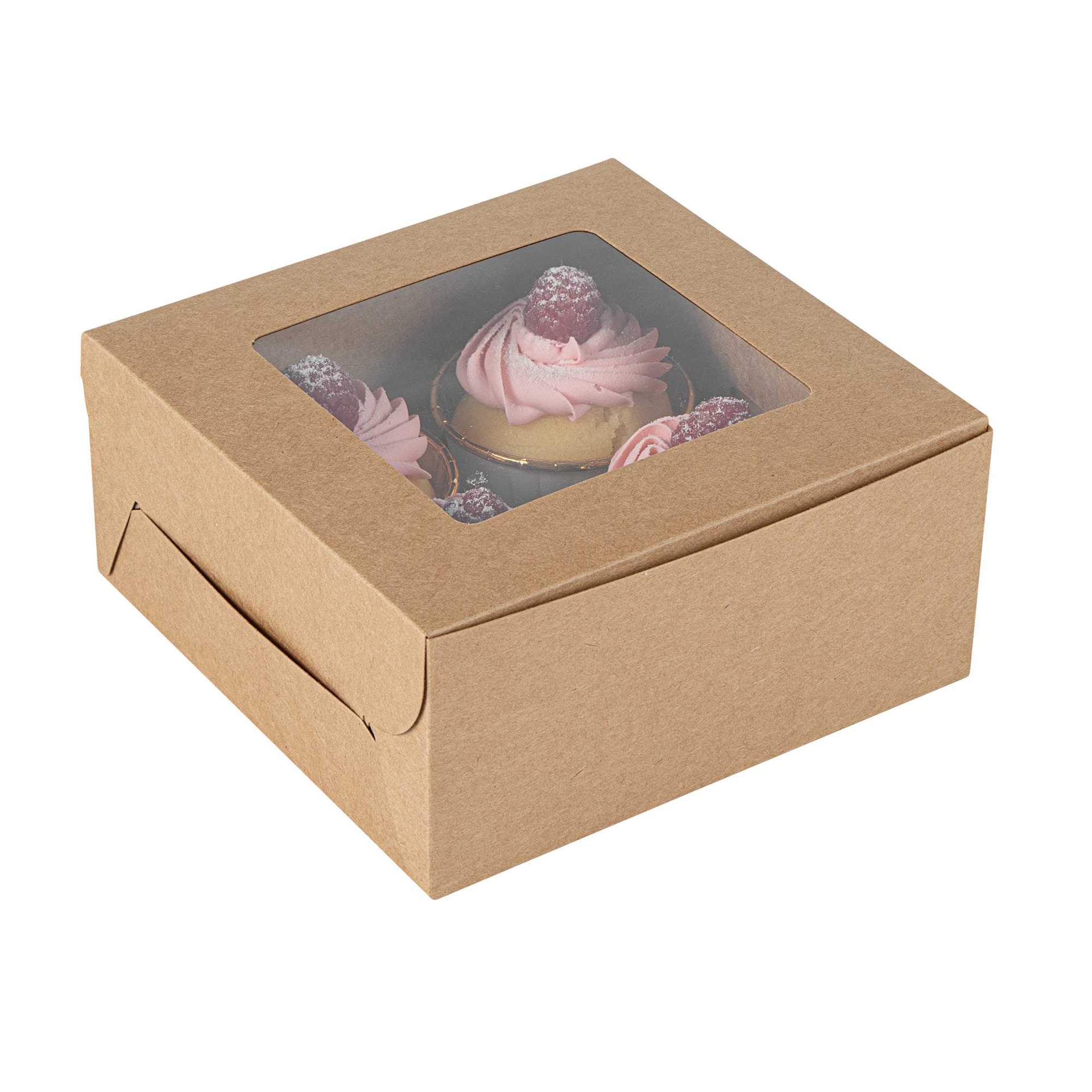 Cafe Vision Square Kraft Cupcake Window Box - Fits 4 - 6 1/4" x 6 1/4" x 3" - 100 count box