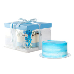 Sweet Vision Square Clear Plastic Cake Box - Blue Lid and White Base, Blue Ribbon, Flower Accent - 8 1/2