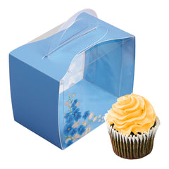 Sweet Vision Rectangle Clear Plastic Cupcake Box - with Handle, Blue Paper Wrap, Flower Accent - 5