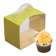 Sweet Vision Rectangle Clear Plastic Cupcake Box - with Handle, Yellow Paper Wrap, Geometric Line Accent - 5