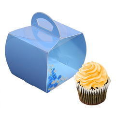 Sweet Vision Square Clear Plastic Cupcake Box - with Handle, Blue Paper Wrap, Flower Accent - 4