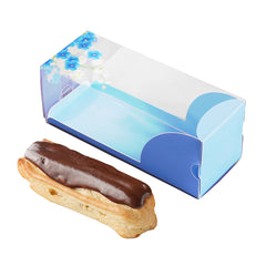 Sweet Vision Rectangle Clear Plastic Eclair Box - Blue Paper Sleeve, Flower Accent - 7