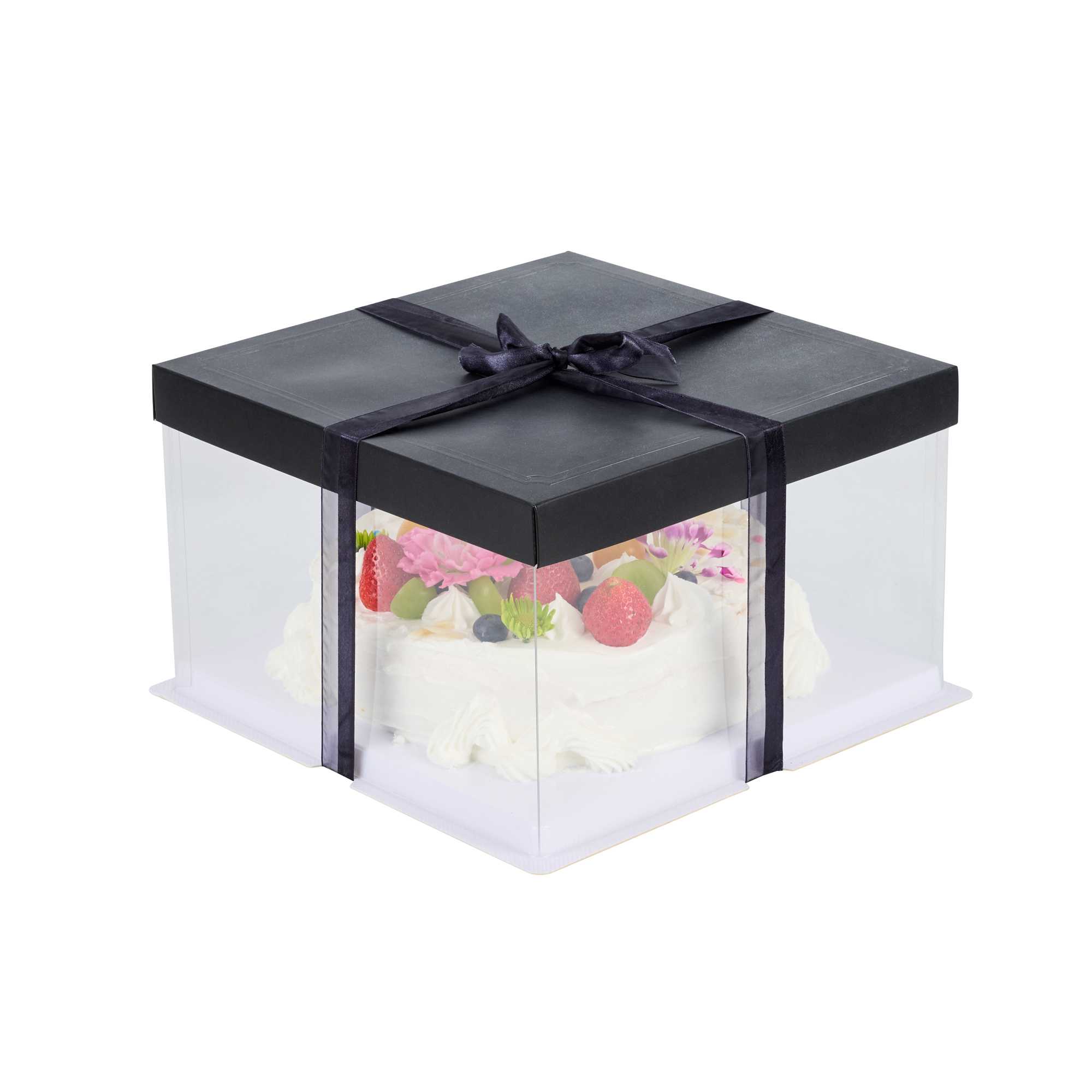 Sweet Vision Square Clear Plastic Cake Box - Black Lid and White Base, Black Ribbon - 10" x 10" x 8 1/4" - 10 count box