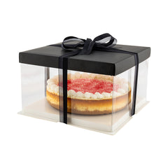 Sweet Vision Square Clear Plastic Cake Box - Black Lid and White Base, Black Ribbon - 10