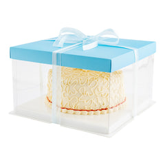 Sweet Vision Square Clear Plastic Cake Box - Blue Lid and White Base, Blue Ribbon - 10