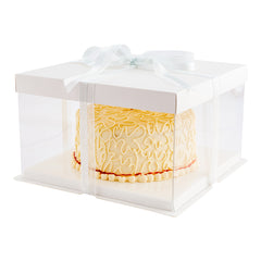 Sweet Vision Square Clear Plastic Cake Box - White Lid and White Base, Gray Ribbon - 10