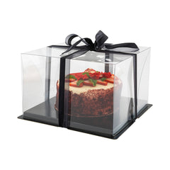Sweet Vision Square Clear Plastic Cake Box - Black Base, Black Ribbon - 10