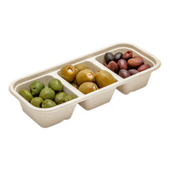 Pulp Tek 17 oz Rectangle Natural Sugarcane / Bagasse Catering Container - 3-Compartment - 9 1/4