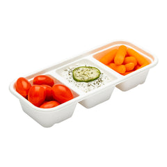 Pulp Tek 17 oz Rectangle White Sugarcane / Bagasse Catering Container - 3-Compartment - 9 1/4