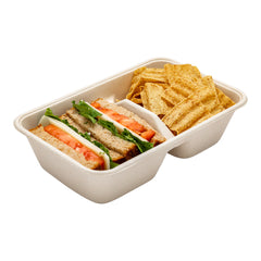 Pulp Tek 34 oz Rectangle Natural Sugarcane / Bagasse Take Out Container - 2-Compartment - 9