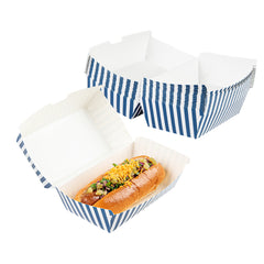 Bio Tek Rectangle Blue and White Stripe Paper Hot Dog / Sandwich Clamshell Container - 6 3/4