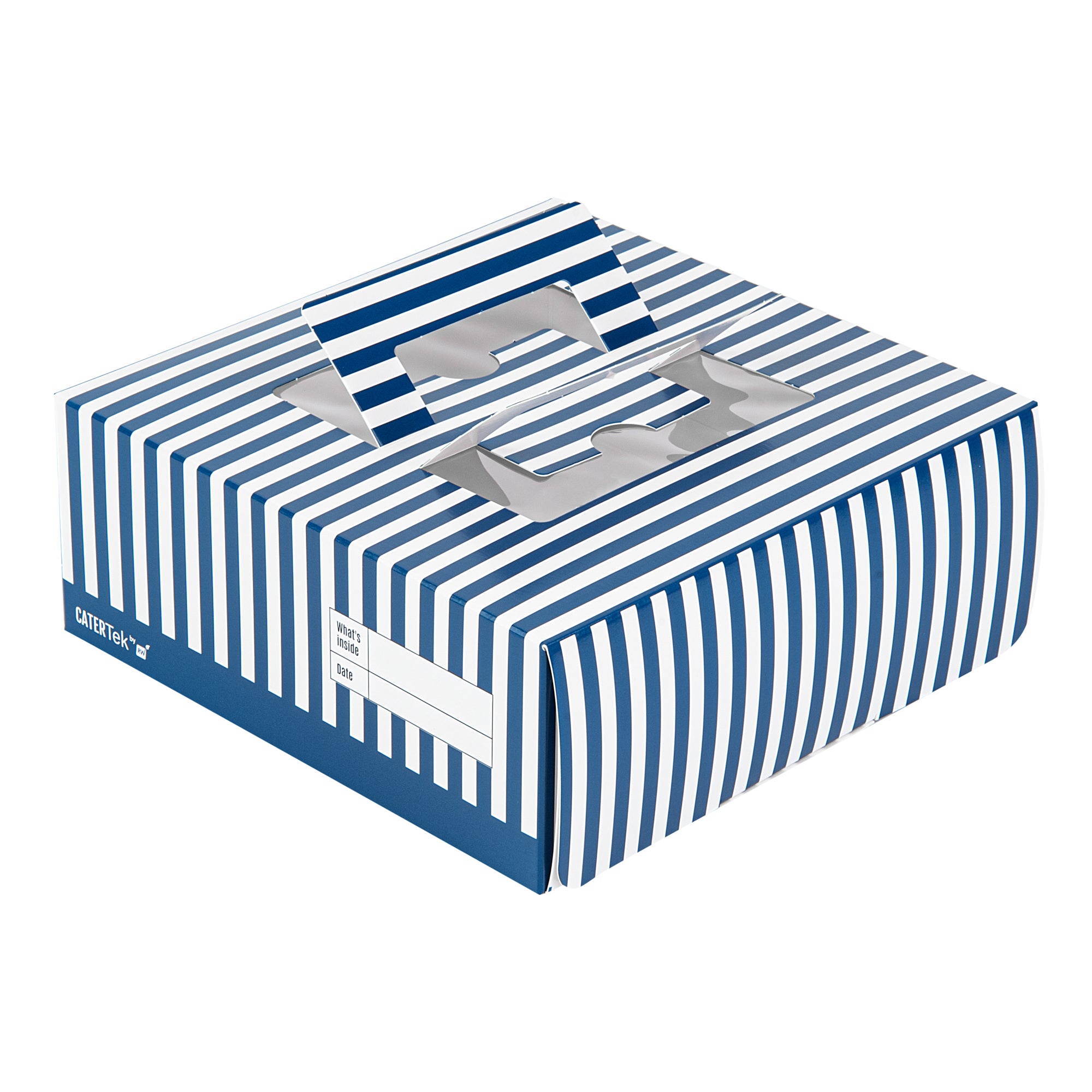 Cater Tek Square Blue and White Stripe Paper Cake / Take Out Container - with Pop-Up Handle, Window - 9" x 9" x 3 1/2" - 50 count box
