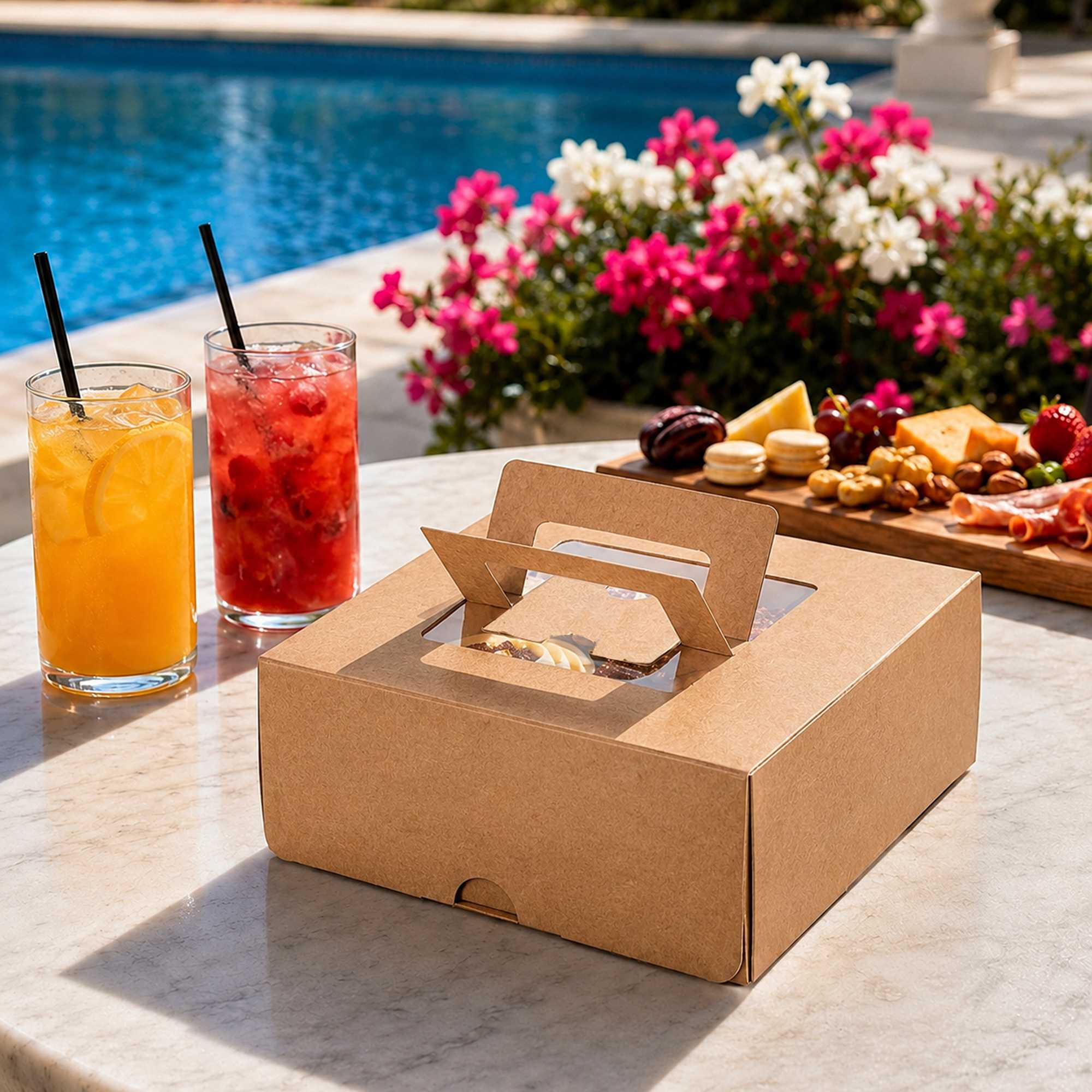 Cater Tek Square Kraft Paper Cake / Take Out Container - with Pop-Up Handle, Window - 9" x 9" x 3 1/2" - 50 count box