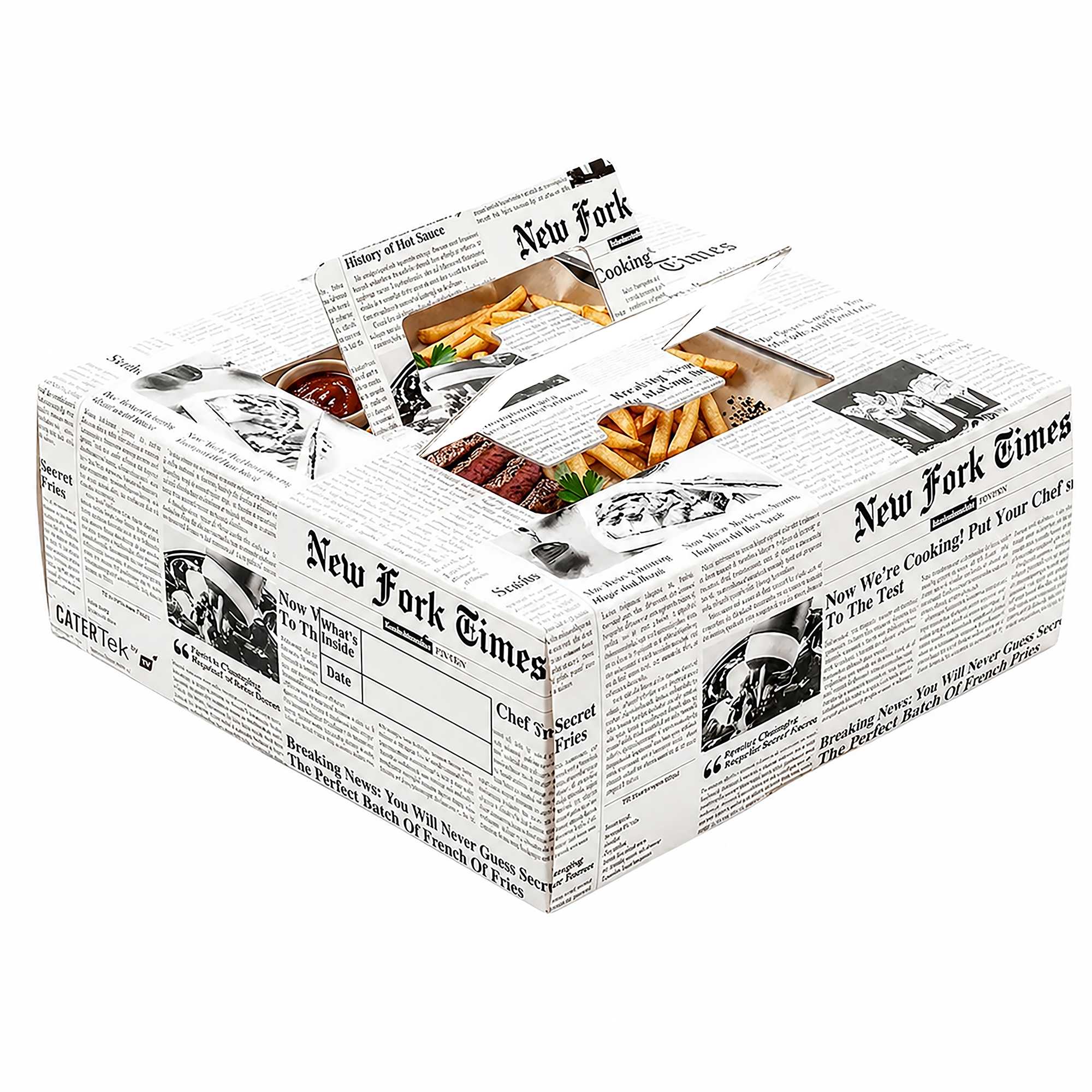 Cater Tek Square Newsprint Paper Cake / Take Out Container - with Pop-Up Handle, Window - 9" x 9" x 3 1/2" - 50 count box