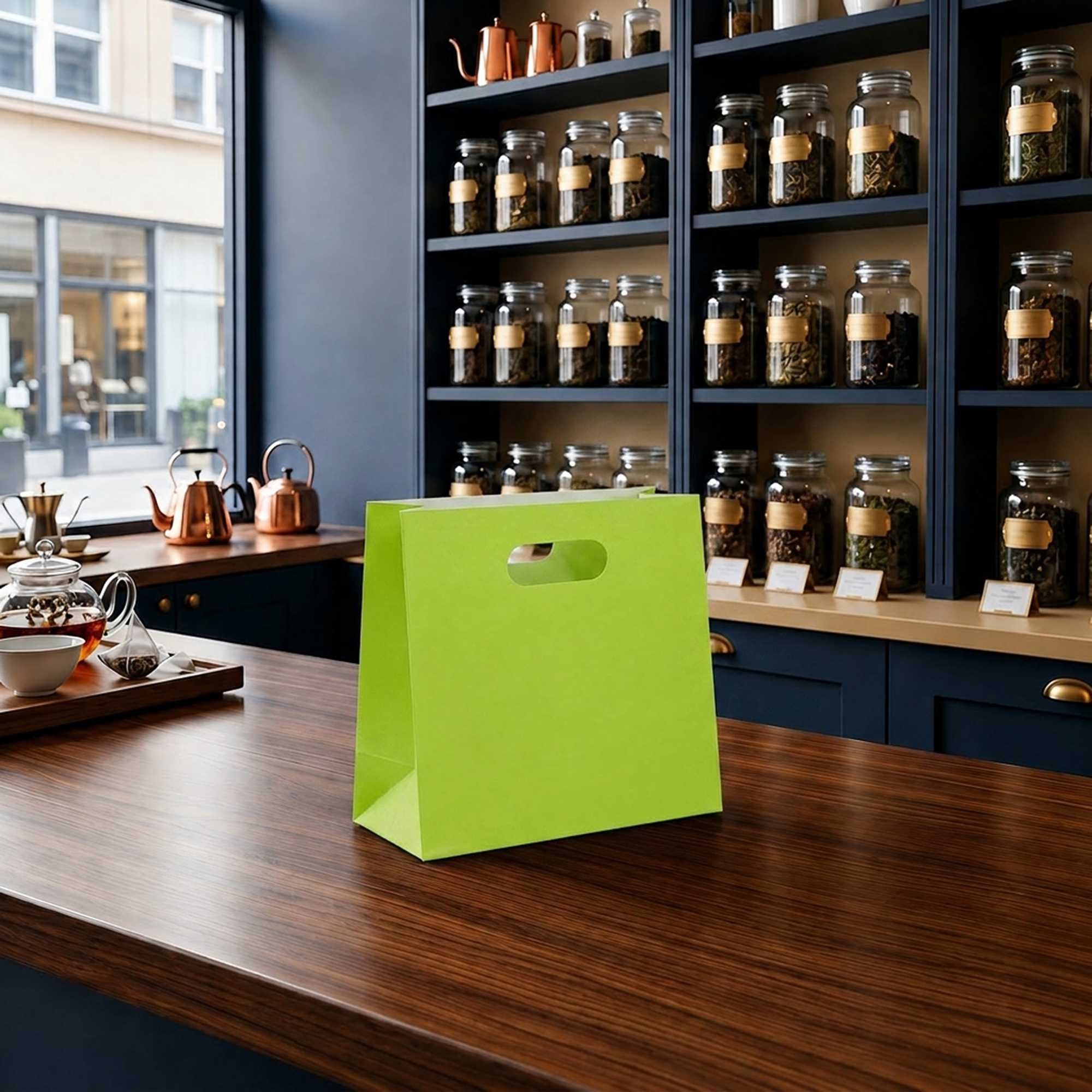 Bag Tek Rectangle Eco Green Paper Take Out Bag - with Handles - 11" x 7" x 11" - 100 count box