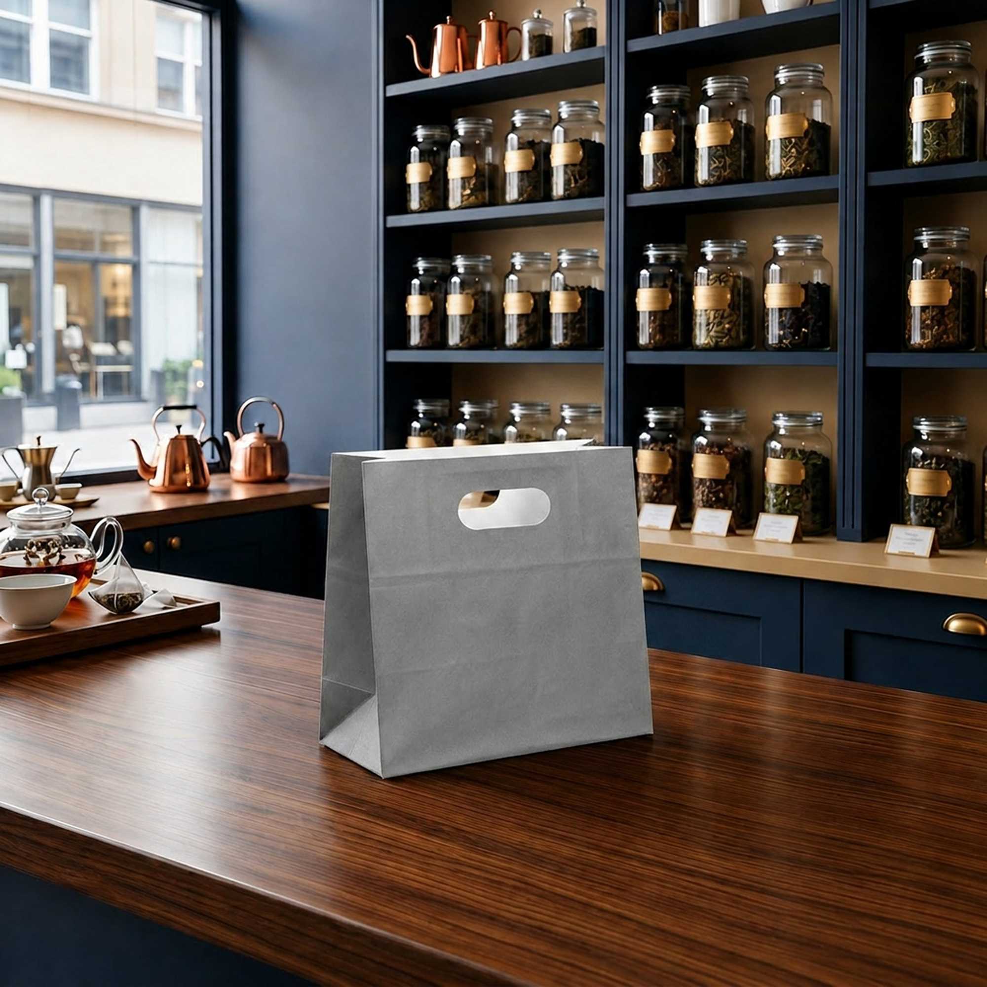 Bag Tek Rectangle Gray Paper Take Out Bag - with Handles - 11" x 7" x 11" - 100 count box