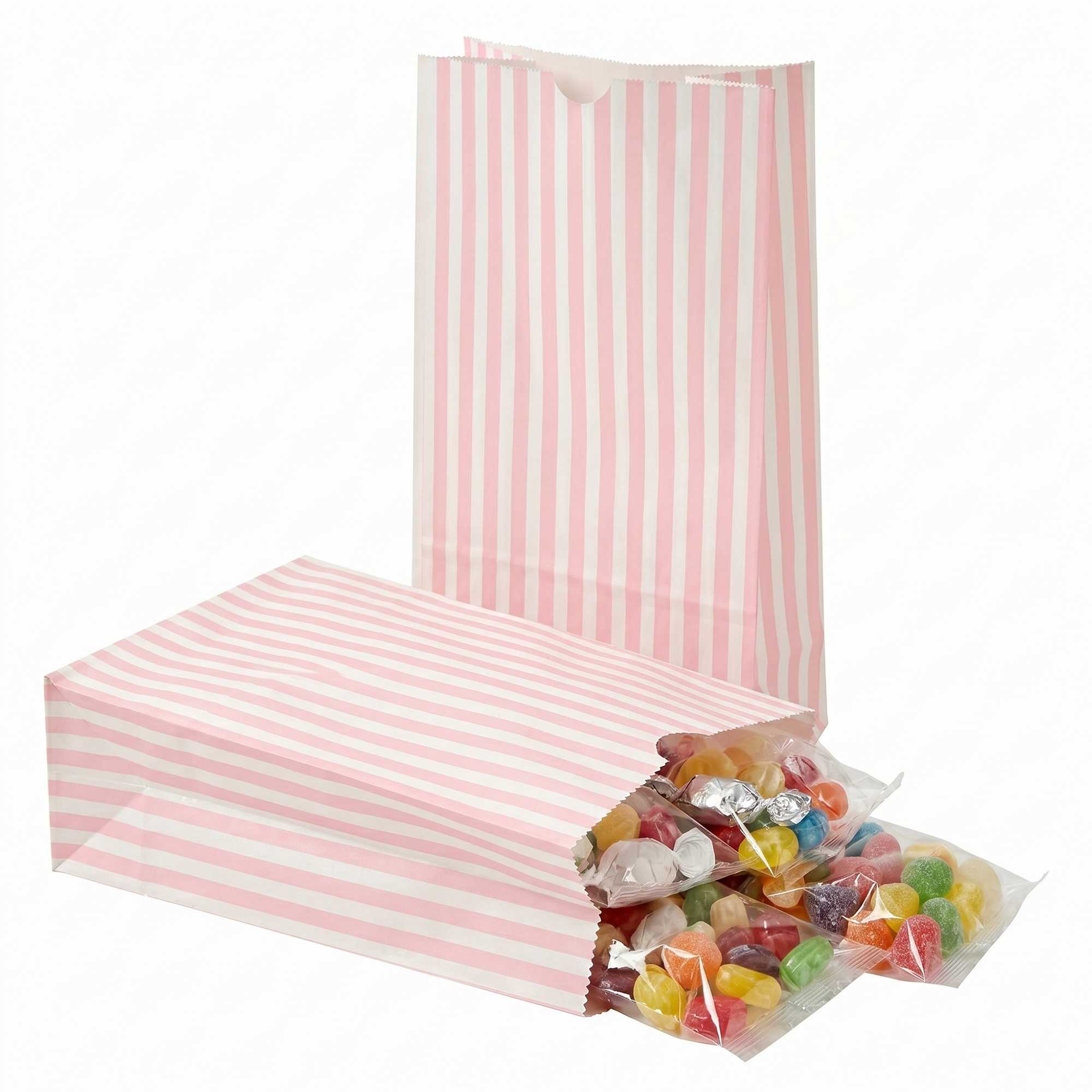 Bag Tek Pink and White Stripe Paper Bag - 12 lb - 7" x 4 1/4" x 12 1/2" - 100 count box