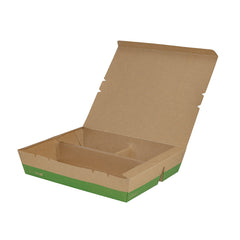 Eco Tek 78 oz Rectangle Kraft and Green Paper Bento Box - 3-Compartment, Compostable - 11