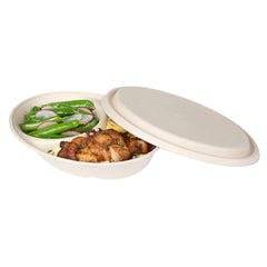 Pulp Tek Oval Natural Sugarcane / Bagasse Lid - Fits 2-Compartment Catering Bowl - 100 count box