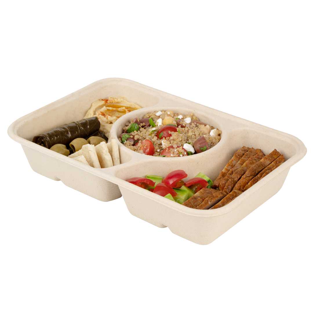 Pulp Tek 31 oz Rectangle Natural Sugarcane / Bagasse To Go Container - 3-Compartment - 9 1/2" x 6 1/4" x 1 3/4" - 400 count box