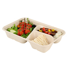 Pulp Tek 30 oz Rectangle Natural Sugarcane / Bagasse To Go Container - 3-Compartment - 9 1/2