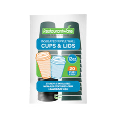 Restpresso 12 oz Dark Green Paper Ripple Wall Coffee Cup - with Black Lid - 3 1/2