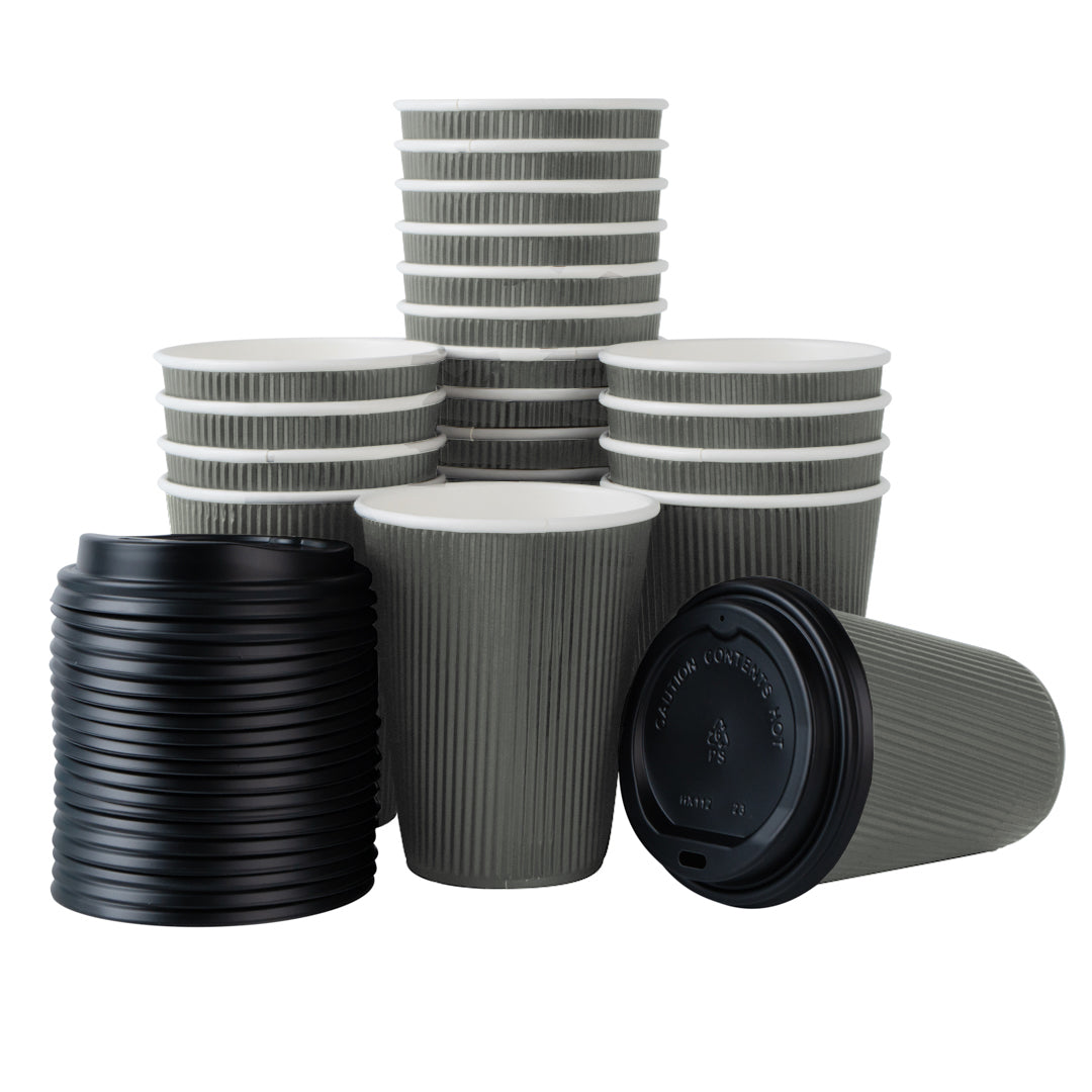 Restpresso 12 oz Gray Paper Ripple Wall Coffee Cup - with Black Lid - 3 1/2" x 3 1/2" x 5" - 200 count box