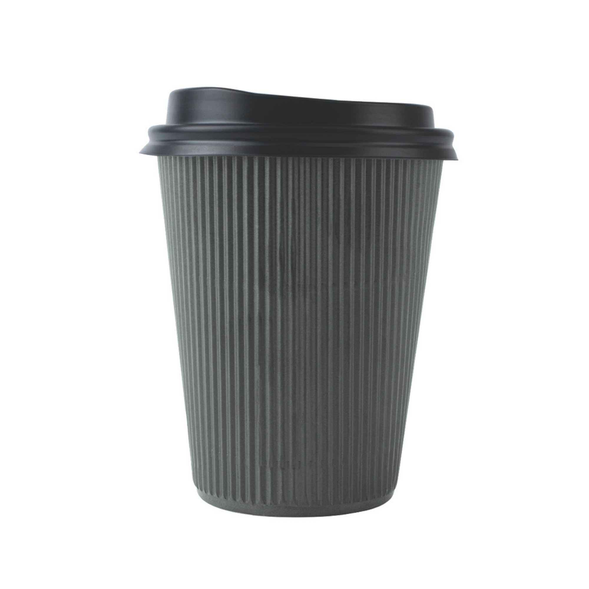 Restpresso 12 oz Gray Paper Ripple Wall Coffee Cup - with Black Lid - 3 1/2" x 3 1/2" x 5" - 200 count box