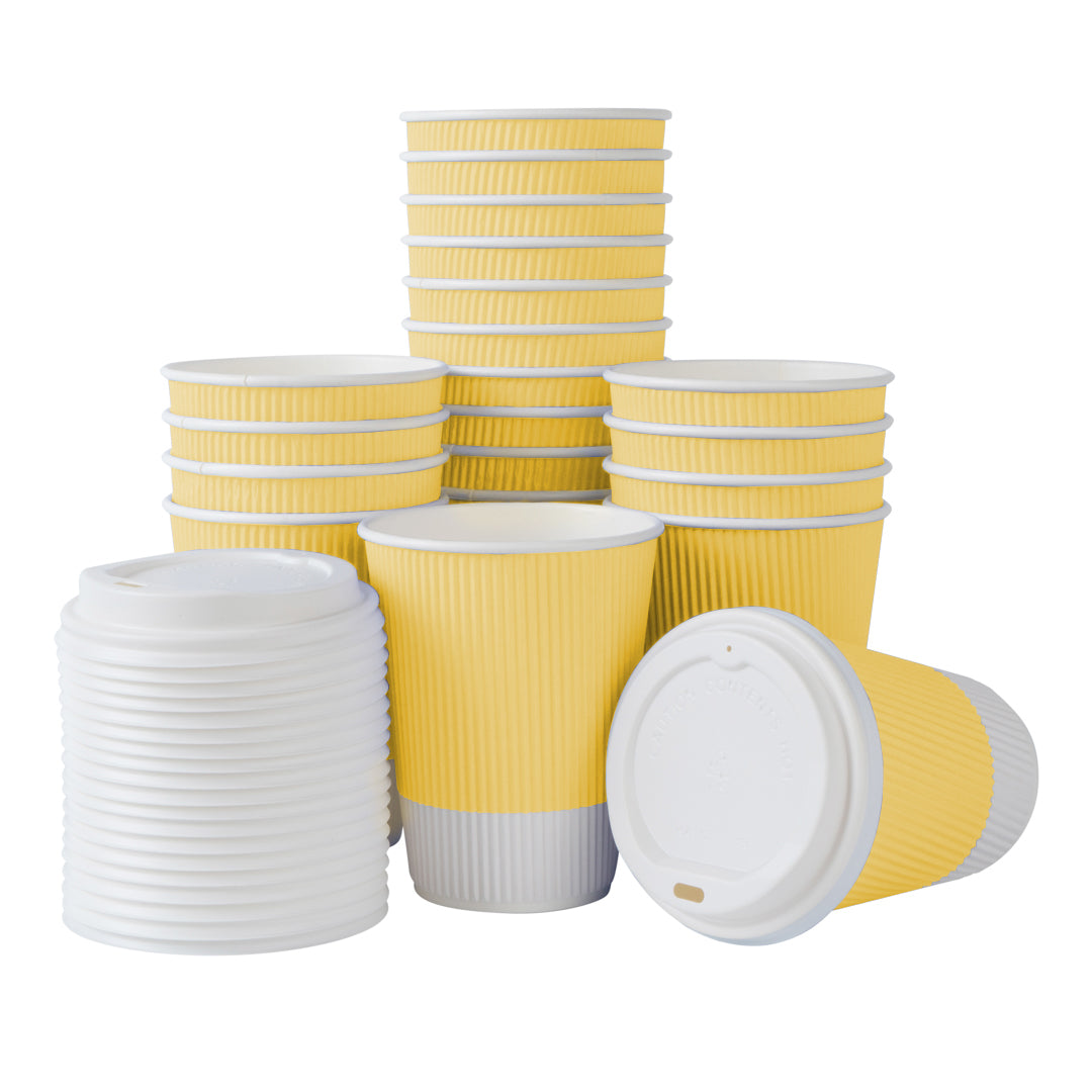Restpresso 12 oz Light Yellow Paper Ripple Wall Coffee Cup - with White Lid - 3 1/2" x 3 1/2" x 5" - 200 count box