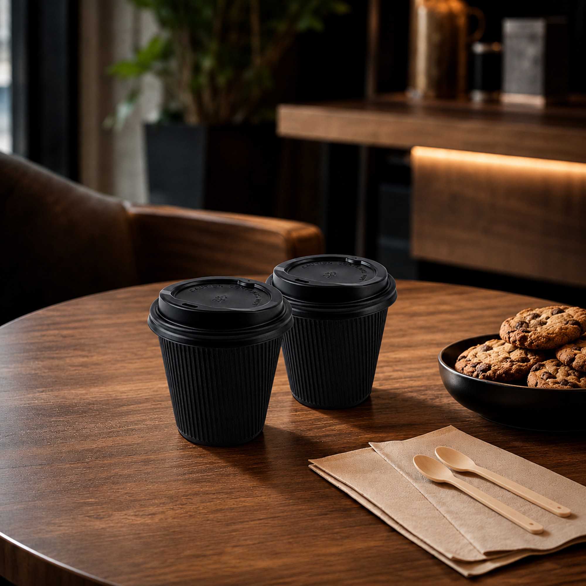 Restpresso 8 oz Black Paper Ripple Wall Coffee Cup - with Black Lid - 3 1/2" x 3 1/2" x 4" - 400 count box