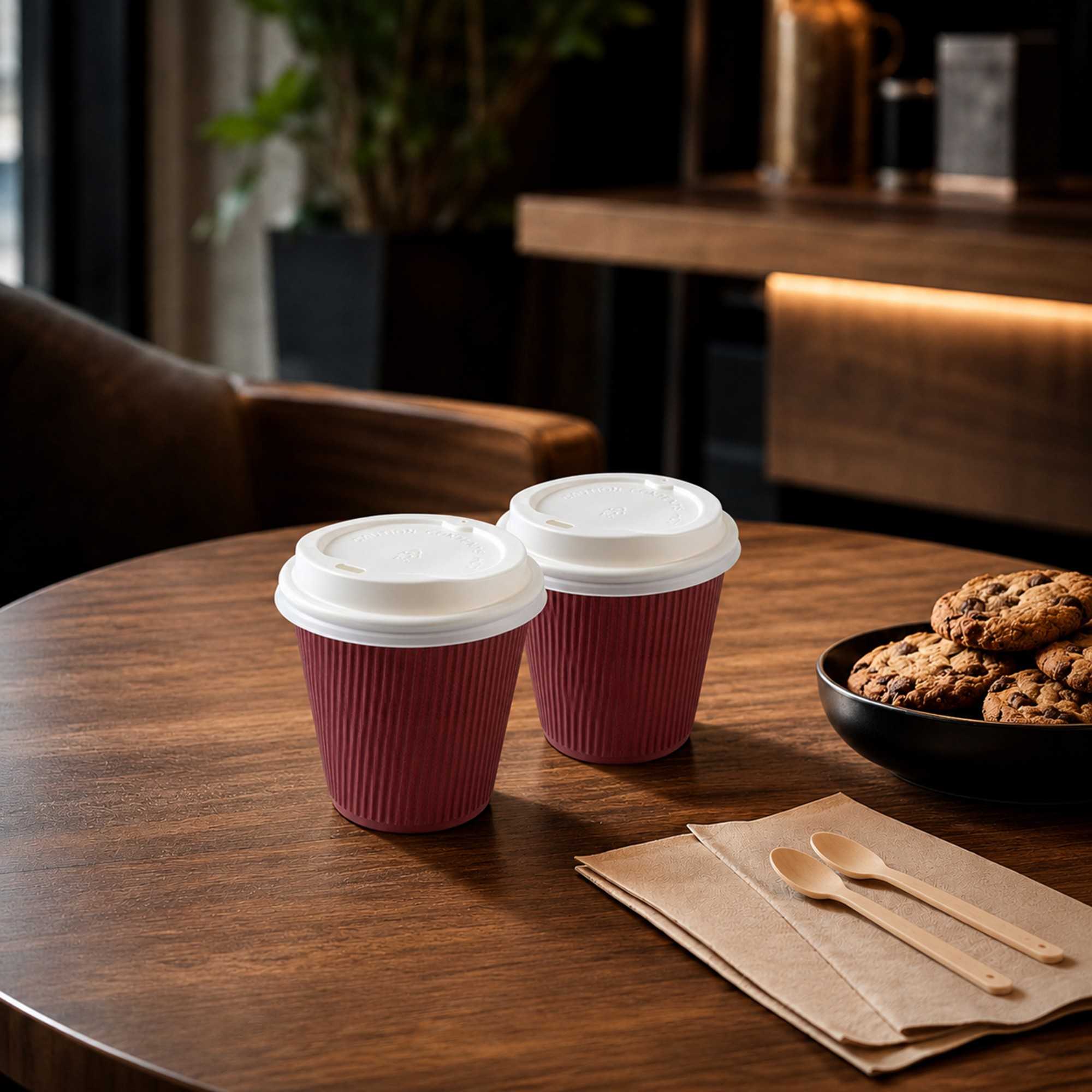 Restpresso 8 oz Crimson Paper Ripple Wall Coffee Cup - with White Lid - 3 1/2" x 3 1/2" x 4" - 400 count box